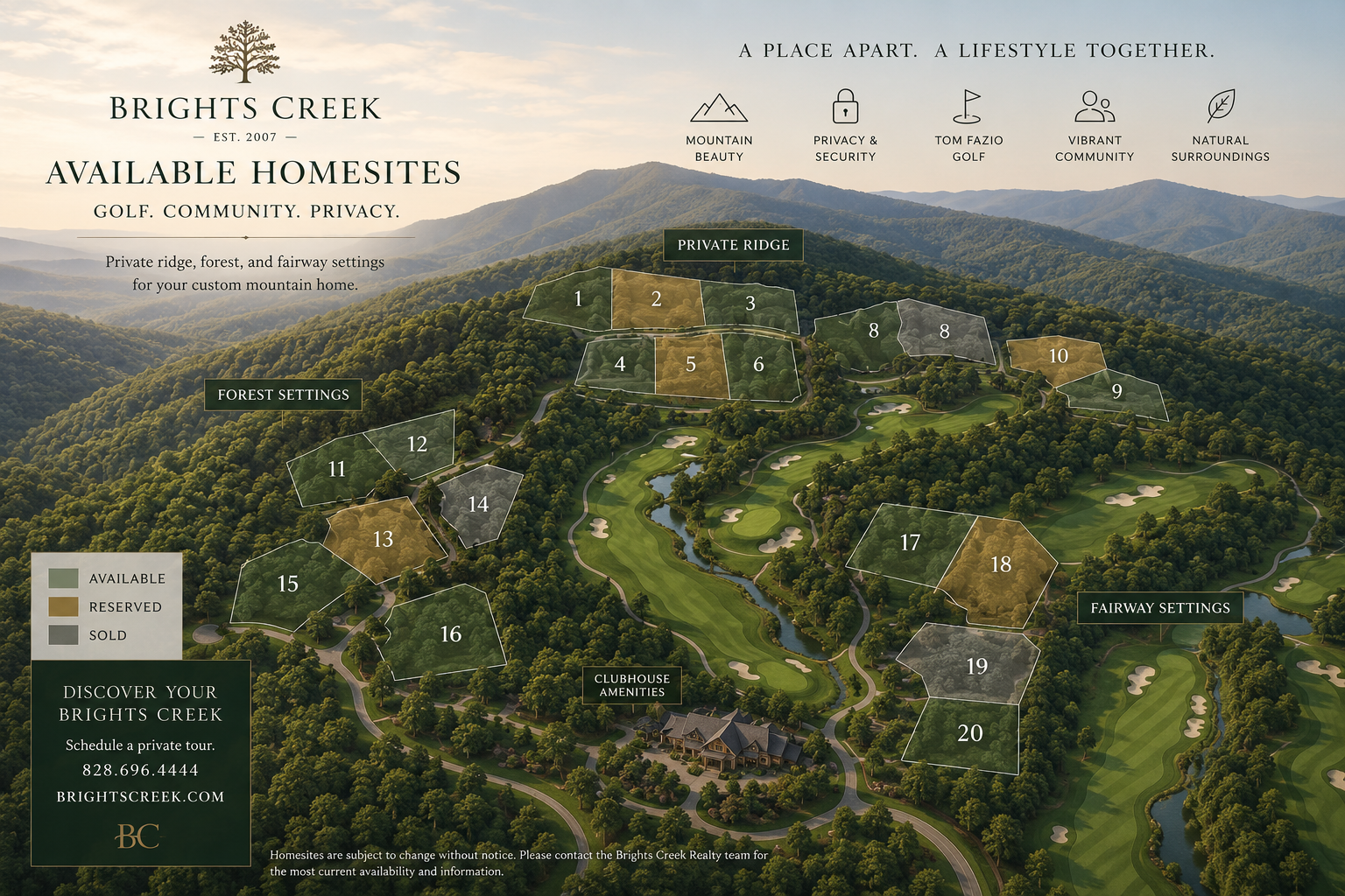 Available homesites map at Bright's Creek showing mountain, ridge, forest, and fairway settings.